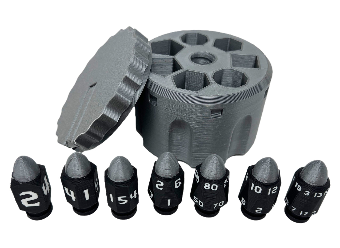 Plastic Bullet Dice 7 Pc D20 Set with Spinning Revolver Cylinder - Fidget Spinner - Cyberpunk Style Dice for Warhammer, DND, Sci-Fi, War, or Crime Theme Tabletop Games