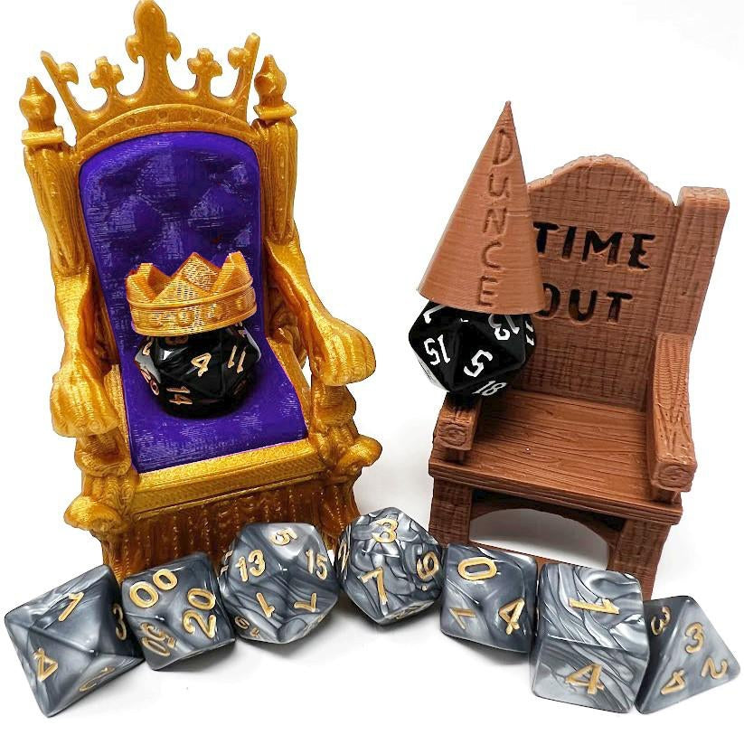Dice Jail Cage - Time Out Chair & Dunce Hat - Chair of Shame - Crit Crown & Lucky Throne - (Random 7PC D20 Dice Set Included) - Gift for Dungeons and Dragons - DND - D&D